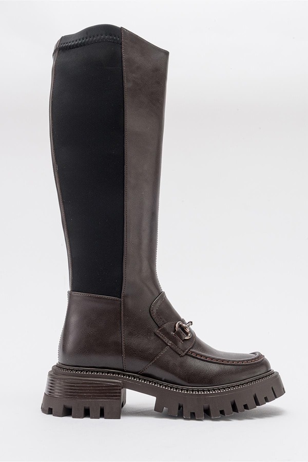 プロローグシューズ レディース ブーツ・レインブーツ Prologue Shoes Chapel Buckle Stretch Boot Brown Stretch Faux Leather ブラウン|ReVida 店