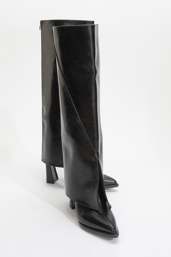 プロローグシューズ レディース ブーツ・レインブーツ ヒール Prologue Shoes Aja Block Heel Convertible Knee High Boot Black Faux Leather ブラック｜ReVida 店