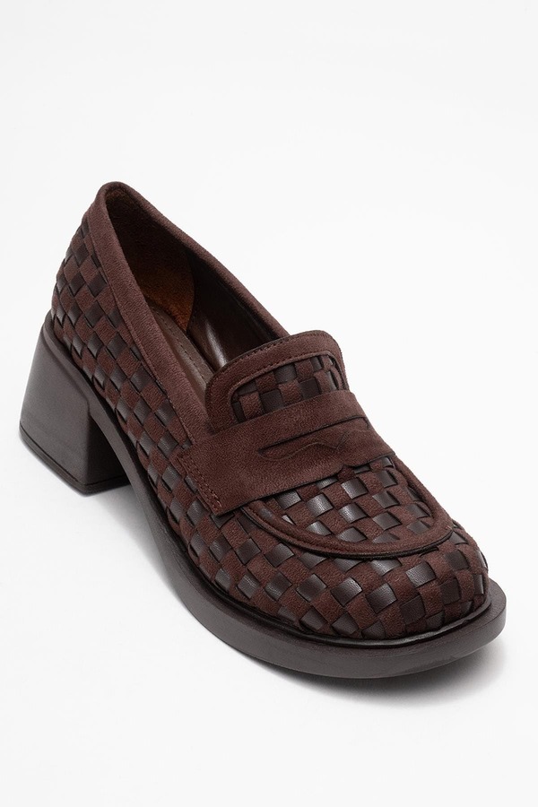 プロローグシューズ レディースリッポン・ローファー ヒール Prologue Shoes Marlon Woven Block Heeloafer Brown Faux Leather ブラウン｜ReVida 店