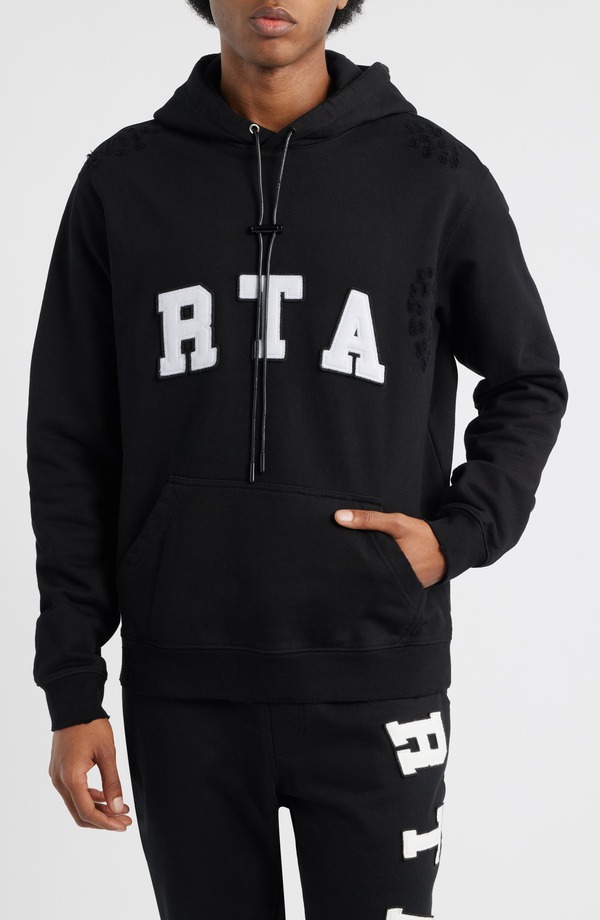アールティーエー メンズ アウター パーカー・スウェット ロゴ RtA Markus Distressed Logo Applique Hoodie University Black ブラック｜ReVida 店