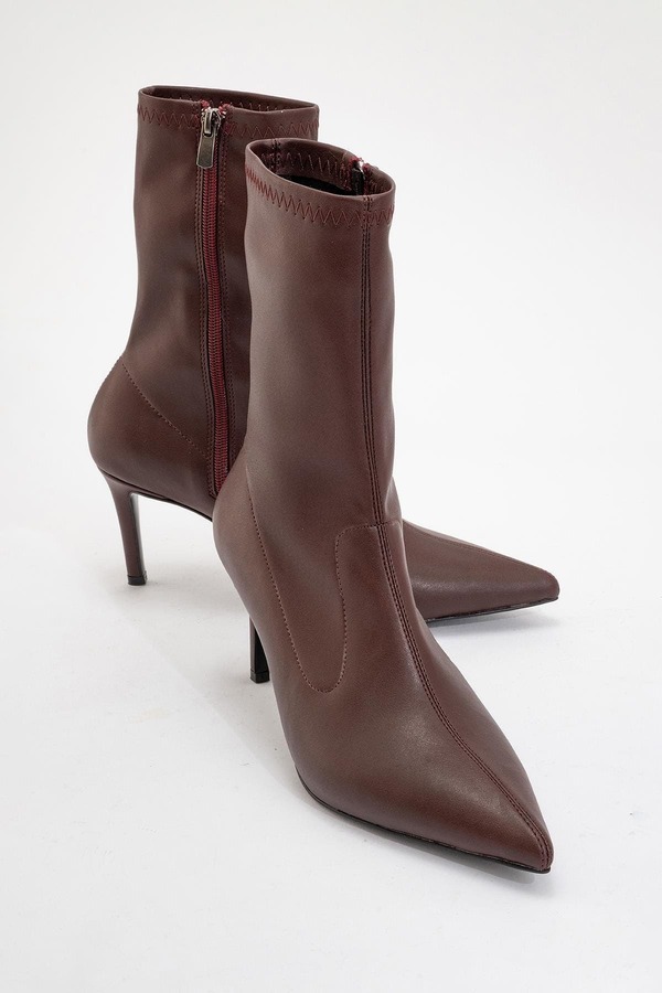 プロローグシューズ レディース ブーツ・レインブーツ Prologue Shoes Thalin Zip Stiletto Boot Dark Burgundy Faux Leather バーガンディ｜ReVida 店