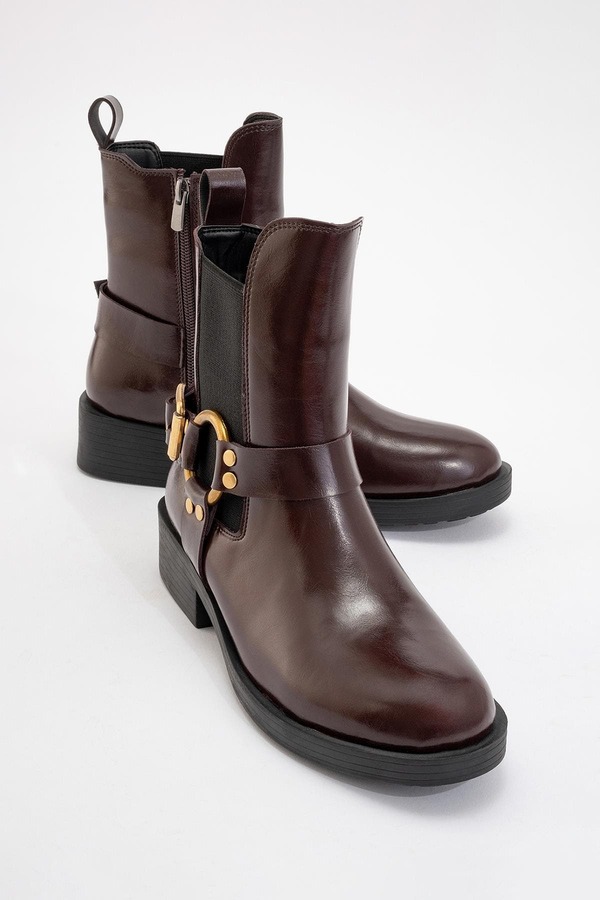 プロローグシューズ レディース ブーツ・レインブーツ アンクル Prologue Shoestone Buckled Zip Ankle Boot Burgundy Faux Leather バーガンディ｜ReVida 店