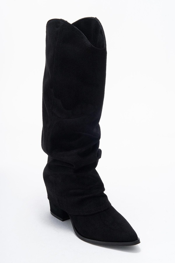 プロローグシューズ レディース ブーツ・レインブーツ ヒール Prologue Shoes Elaris Block Heel Knee High Boot Black Suede Faux Leather ブラック|ReVida 店