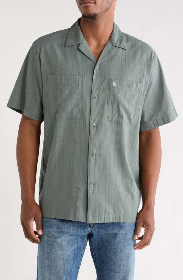 カーハート メンズ トップス シャツ コットン Carhartt Work In Progress Gareth Cotton Seersucker Camp Shirt Velvet Green グリーン|ReVida 店