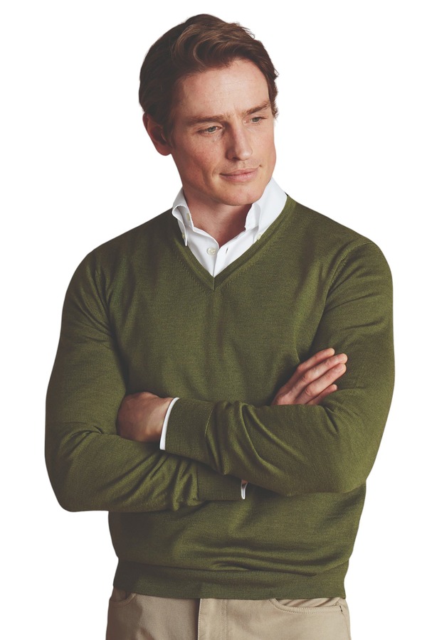 チャールズティリット メンズ トップス Tシャツ Vネック セーター Charles Tyrwhitt Pure Merino V Neck Sweater Moss Green グリーン｜ReVida 店