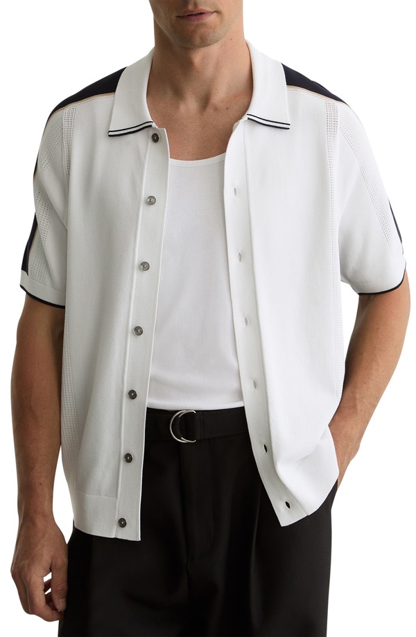 レイス メンズ トップス シャツ カラーブロック ニット Reiss Farley Colorblock Short Sleeve Knit Button-Up Shirt Navy/ White ホワイト|ReVida 店