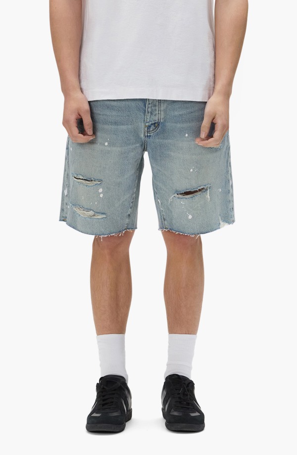 パープルブランド メンズ ボトムス デニムパンツ ショートパンツ PURPLE BRAND Painterly Ripped Jean Shorts Light Indigo インディゴ|ReVida 店