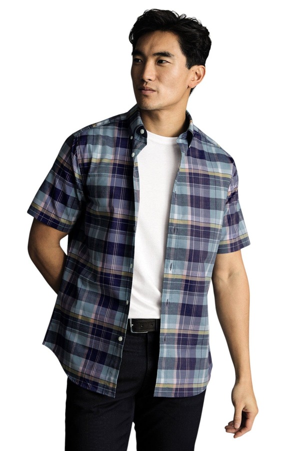 チャールズティリット メンズ トップス シャツ Charles Tyrwhitt Non-Iron Stretch Poplin Slub Short Sleeve Shirt Navy Multi ネイビー｜ReVida 店