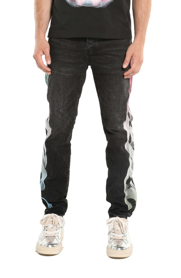 パープルブランド メンズ ボトムス デニムパンツ ストレート 刺繍 ロゴ ジーンズ PURPLE BRAND Embroide red Gradient Logo Slim Straight Leg Jeans Black ブラック｜ReVida 店