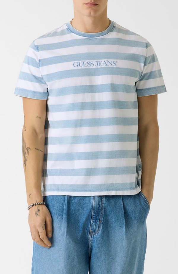 ゲス メンズ トップス Tシャツ コットン GUESS Yarn Dyed Stripe Cotton T-Shirt Blue Stripe ブルー｜ReVida 店