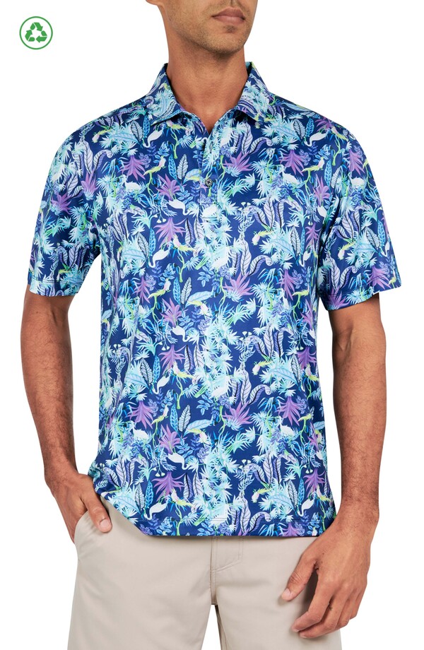 コンストラクト メンズ トップス ポロシャツ レギュラーフィット プリント CONSTRUCT Regular Fit Exotic Bird Print Recycled Performance Golf Polo Blue ブルー|ReVida 店
