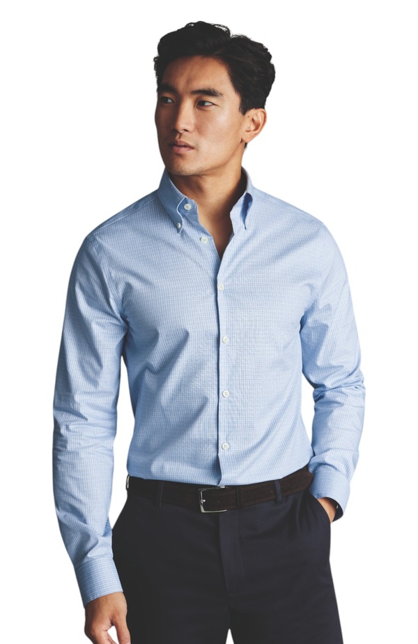 チャールズティリット メンズ トップス シャツ オックスフォード Charles Tyrwhitt Non-Iron Pinpoint Oxford Check Shirt Sky Blue ブルー｜ReVida 店