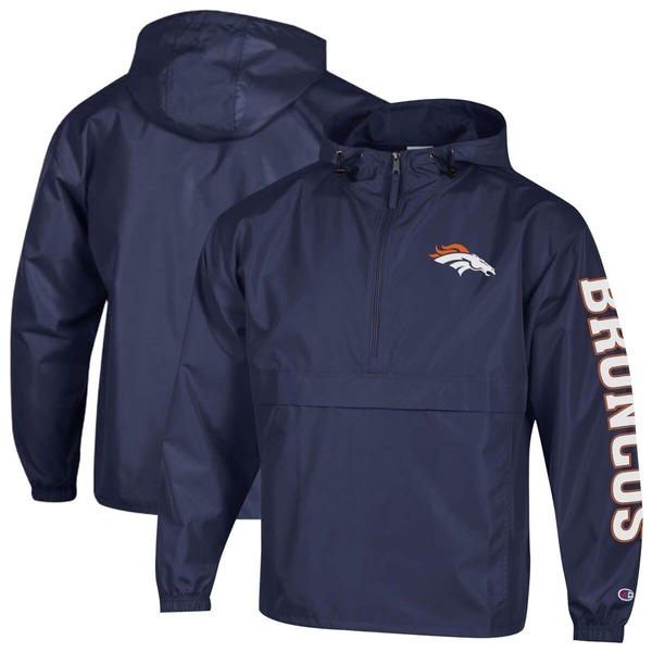 はやりっ子 メンズ アウター 上衣・上衣 Men\u0027s Champio navy Denver Broncos Packable Hooded Windbreaker Half-Zip Jacket Navy 米国海軍