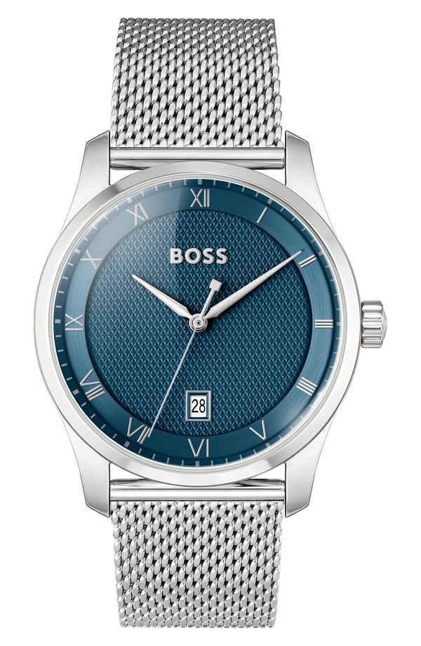 ボス メンズ アクセサリー 腕時計 メッシュ BOSS Principle Mesh Strap Watch, 41mm Silver/ Galvanic Blue ブルー｜ReVida 店 39,520円