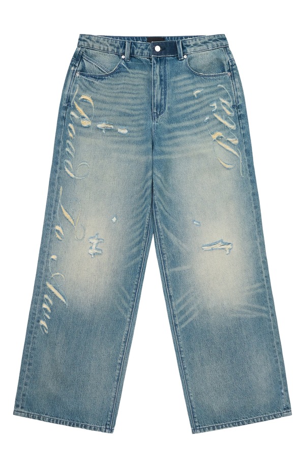 アールティーエー メンズ ボトムス デニムパンツ ワイドレッグ ジーンズ RtA Franco Distressed Wide Leg Jeans Golden Indigo Laserta インディゴ|ReVida 店