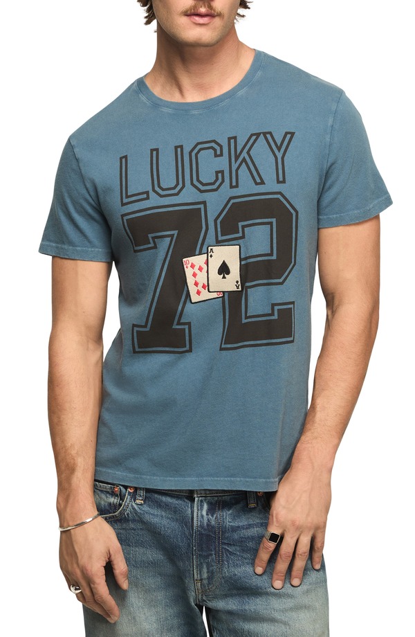 ラッキーブランド メンズ トップス Tシャツ 刺繍 グラフィック Lucky Brand Lucky Cards Football Embroide red Graphic T-Shirt Real Teal ティール|ReVida 店