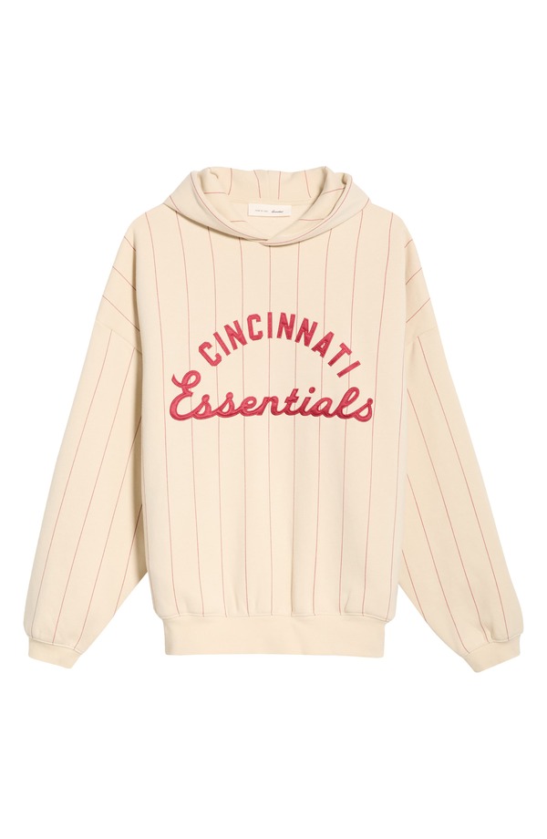 フィアオブゴッド メンズ アウター パーカー・スウェット コットン フリース Fear of God Essentials x MLB Cincinnati Reds Cotton Blend Fleece Sport Hoodie Oat/ Red Pinstripes レッド|ReVida 店