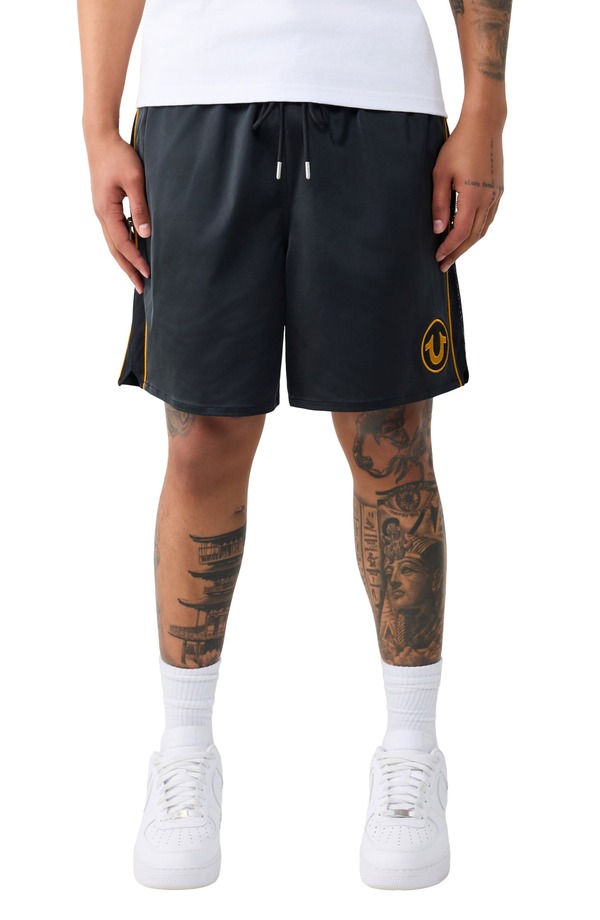 トゥルーレリジョン メンズ ボトムス ハーフパンツ・ショーツ メッシュ ショートパンツ サテン True Religion Mesh Block Satin Drawstring Shorts Jet Black ブラック｜ReVida 店