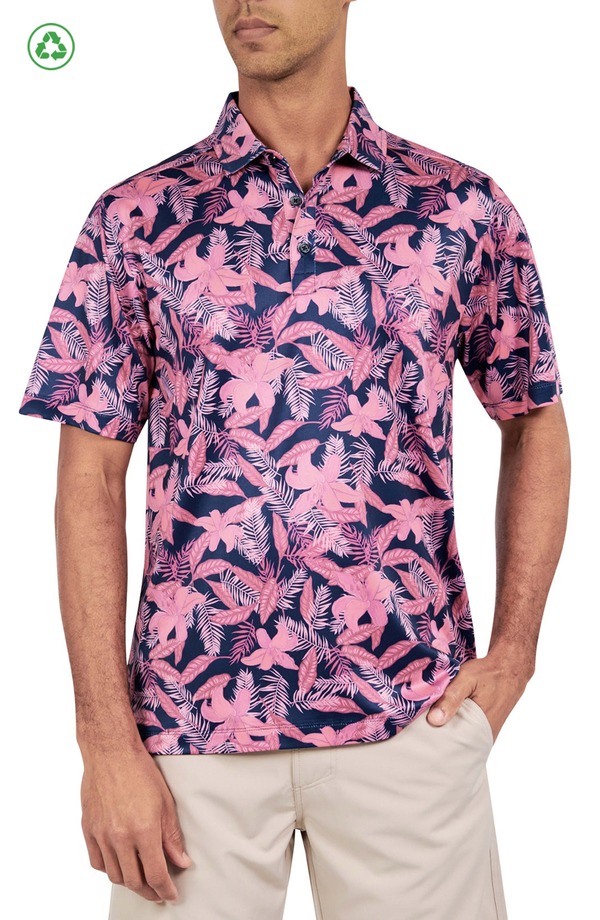 コンストラクト メンズ トップス ポロシャツ レギュラーフィット フラワー柄 プリント フラワー CONSTRUCT Regular Fitropical Floral Print Recycled Performance Golf Polo Pink ピンク|ReVida 店