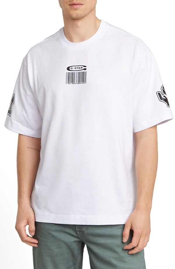 ジースター メンズ トップス Tシャツ コットン グラフィック G-STAR Barcode Boxy Organicotton Graphic T-Shirt White ホワイト|ReVida 店