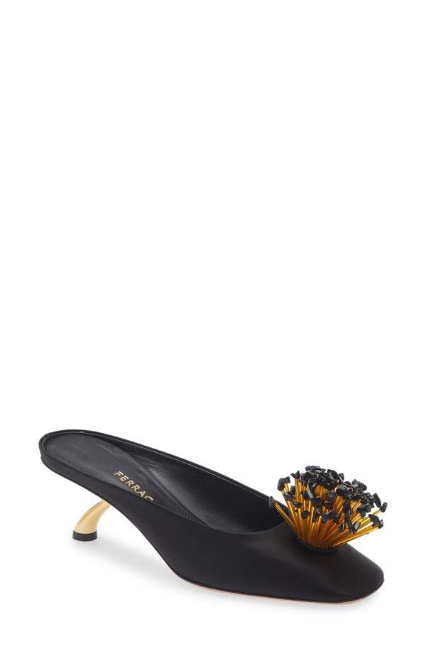 フェラガモ レディース シューズ スニーカー ヒール FERRAGAMO Safi Beaded Kitten Heel Mule BLACK ブラック|ReVida 店