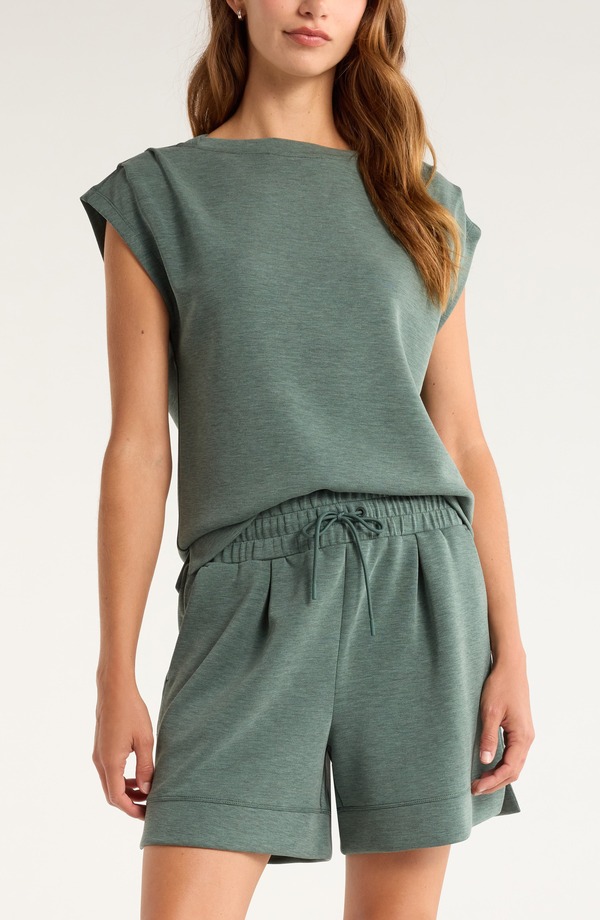 ゼラ レディース アウター パーカー・スウェット ニット Zella Soft Luxe Knit Gathe red Shoulder Top GREEN BALSAM HEATHER ヘザー｜ReVida 店