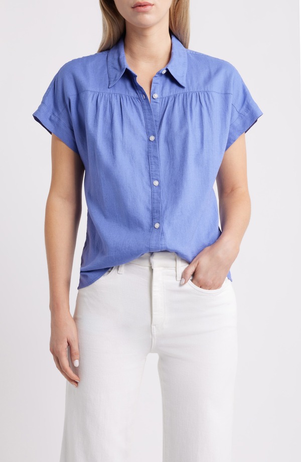 キャスロン レディース トップス シャツ リネン Caslon Striped Short Sleeve Linen Blend Button Up Shirt BLUE DENIM デニム|ReVida 店