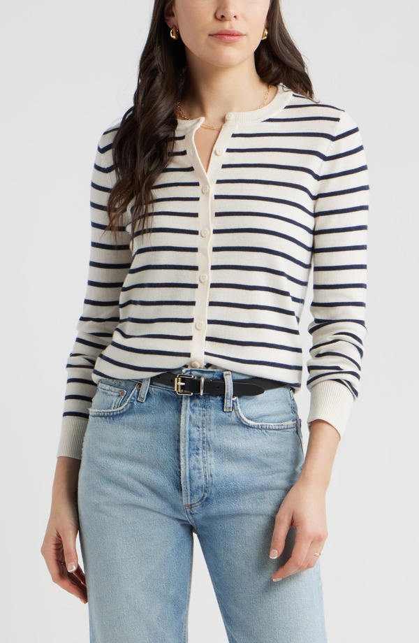 キャスロン レディース アウター パーカー・スウェット ウール カーディガン Caslon Merino Wool Blend Cardigan IVORY- NAVY JOSEPHINE STRIPE アイボリー|ReVida 店