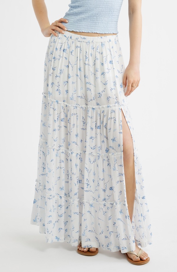 ビーピー レディース ボトムスカート ティアード マキシ BP. Meredith Bloom Tie red Maxi Skirt IVORY- BLUE MEREDITH BLOOM アイボリー|ReVida 店