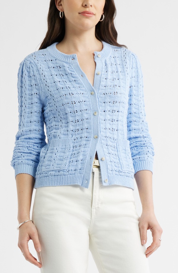 キャスロン レディース アウター パーカー・スウェット コットン カーディガン Caslon Pointelle Stitch Cotton Cardigan BLUE WINDSURFER ブルー｜ReVida 店