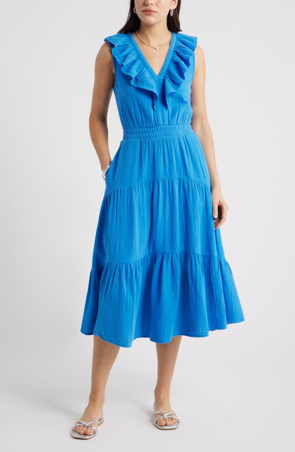 キャスロン レディース トップス ワンピース ティアード フリル ミディ ノースリーブ コットン Caslon Ruffle Sleeveless Tie red Cotton Midi Dress BLUE PALACE ブルー｜ReVida 店