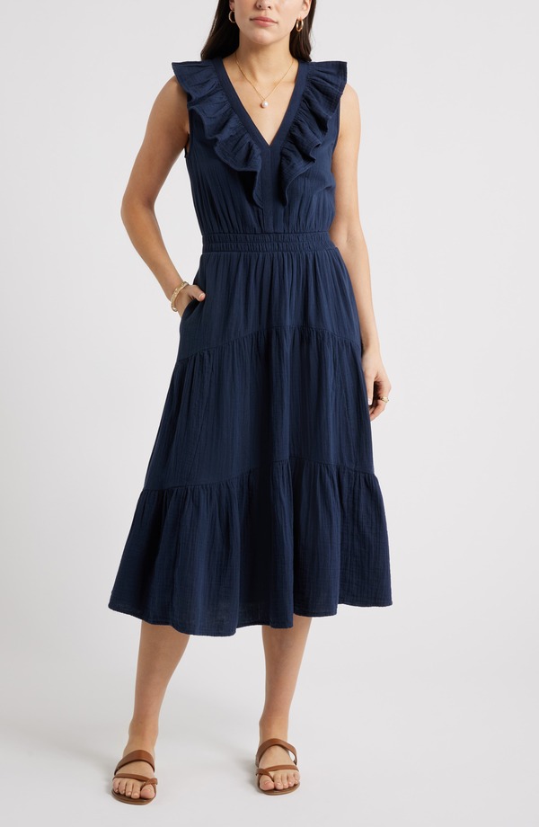 キャスロン レディース トップス ワンピース ティアード フリル ミディ ノースリーブ コットン Caslon Ruffle Sleeveless Tie red Cotton Midi Dress NAVY STILL ネイビー|ReVida 店