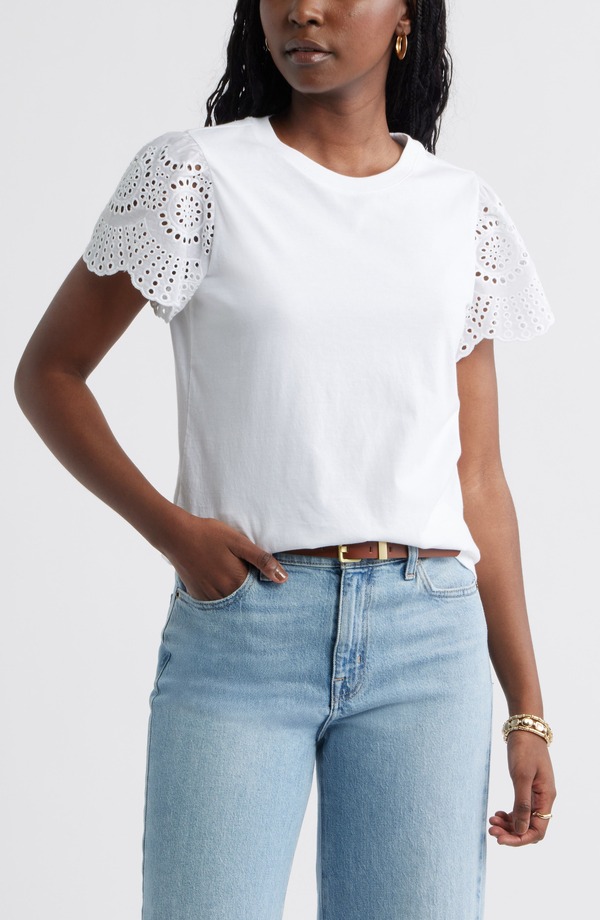 キャスロン レディース トップス シャツ Caslon Eyelet Sleeve Mixed Media T-Shirt WHITE ホワイト｜ReVida 店
