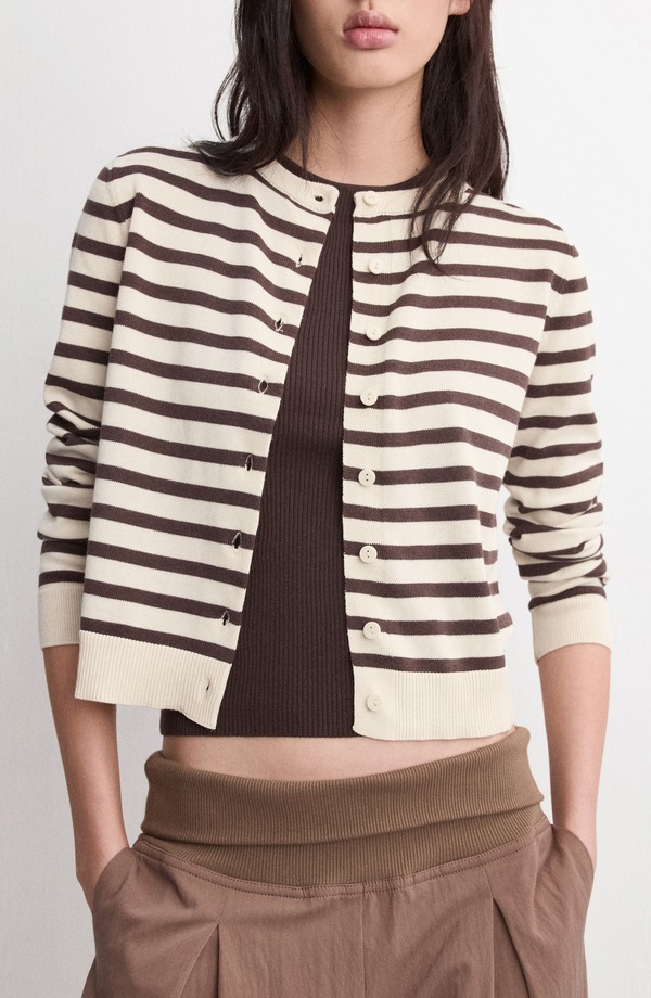 マンゴ レディース アウター パーカー・スウェット プラスサイズ カーディガン ニット MANGO Stripped Knit Cardigan (Plus Regular) CHOCOLATE チョコレート｜ReVida 店