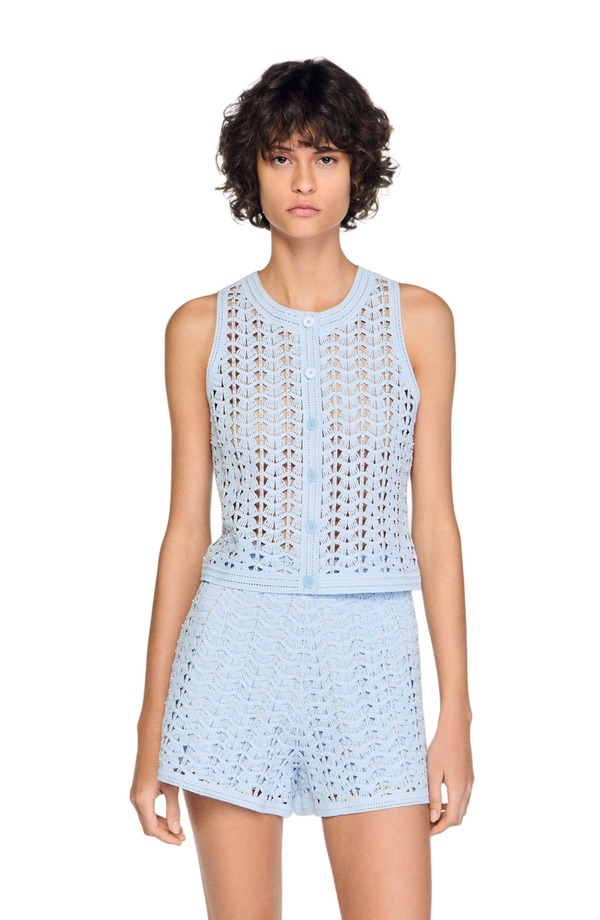 サンドロ レディース アウター パーカー・スウェット カーディガン SANDRO Beaded crochet cardigan Sky blue ブルー|ReVida 店