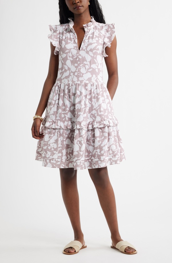 キャスロン レディース トップス ワンピース フリル コットン Caslon Ruffle Duo Cotton Gauze Dress PURPLE HERON SHADOWED TROPIC パープル|ReVida 店