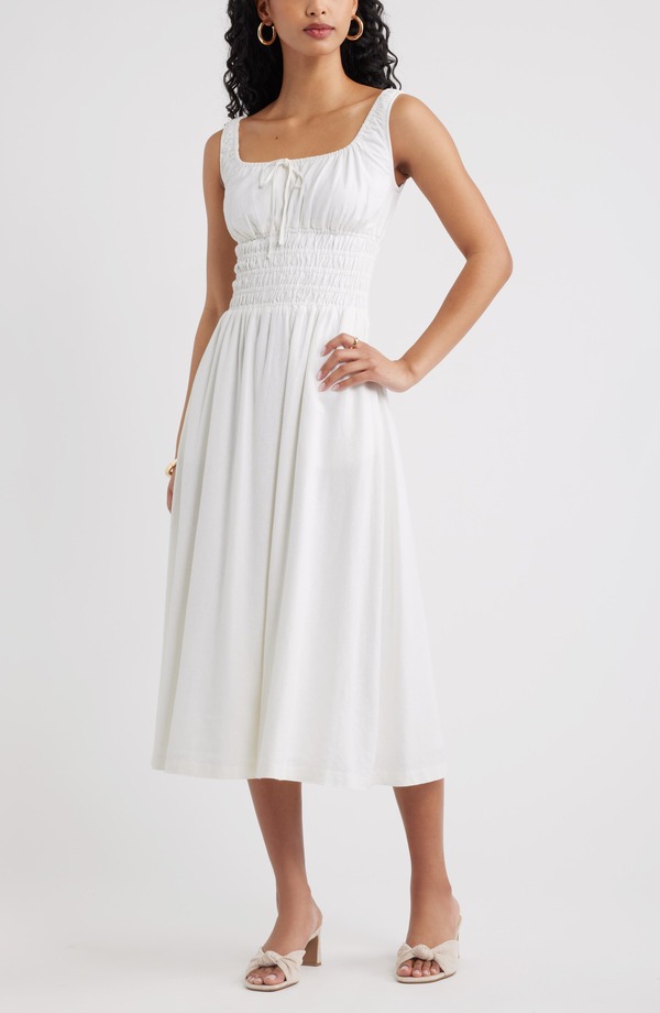 オープンエディット レディース トップス ワンピース ミディ シャーリング Open Edit Smocked Waist Midi Dress WHITE ホワイト｜ReVida 店