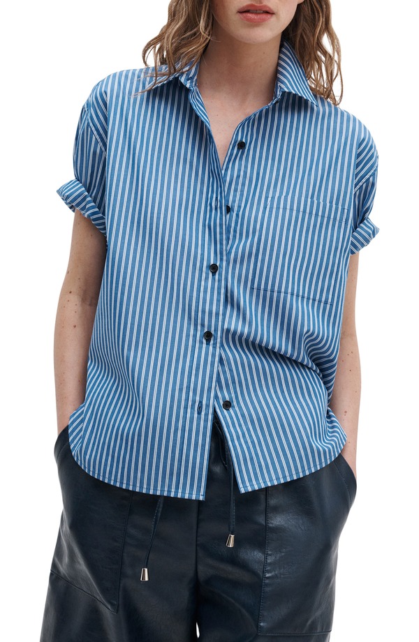 ラグアンドボーン レディース トップス シャツ rag & bone Connie Stripe Short Sleeve Poplin Button-Up Shirt BLUE STRIPE ブルー｜ReVida 店