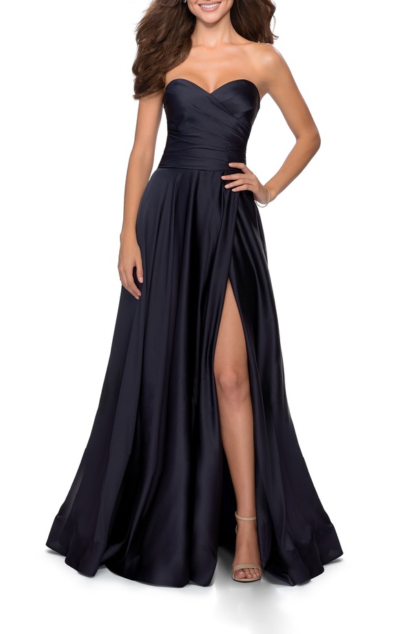 ラフェム レディース トップス ワンピース プリーツ サテン ストラップレス La Femme Straplessatin Gown with Pleated Bodice and Slit NAVY ネイビー|ReVida 店