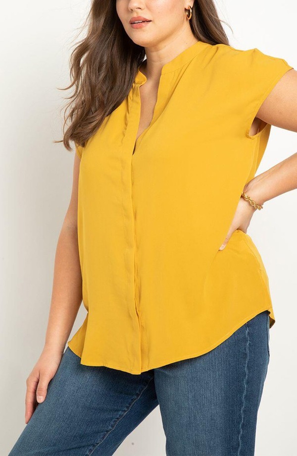エロクイ レディース トップス シャツ プラスサイズ ブラウス ELOQUII Notch Collar Blouse (Plus Regular) YELLOW イエロー|ReVida 店
