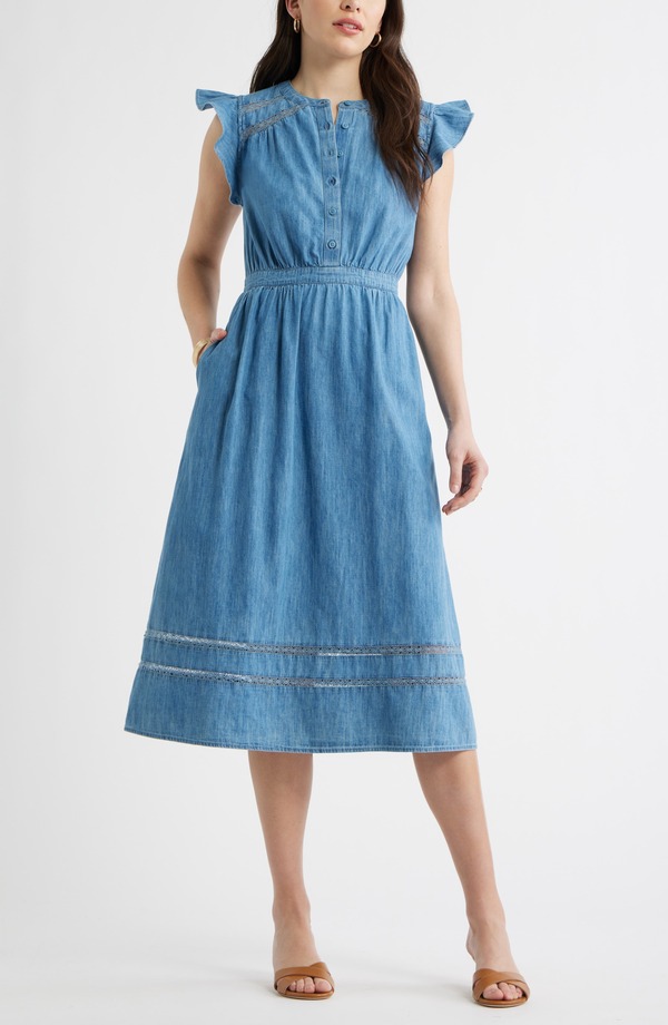キャスロン レディース トップス ワンピース Caslon Flutter Sleeve Chambray Dress MEDIUM WASH|ReVida 店