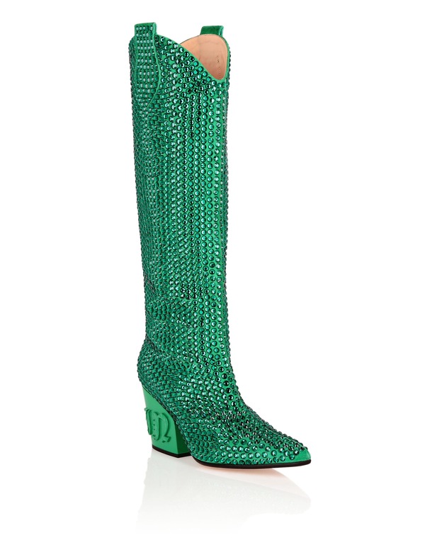 フィリッププレイン レディース シューズ スニーカー ブーツ ヒール PHILIPPLEIN Cowboy Boots Mid Heels High Crystal Women (Women) green グリーン｜ReVida 店