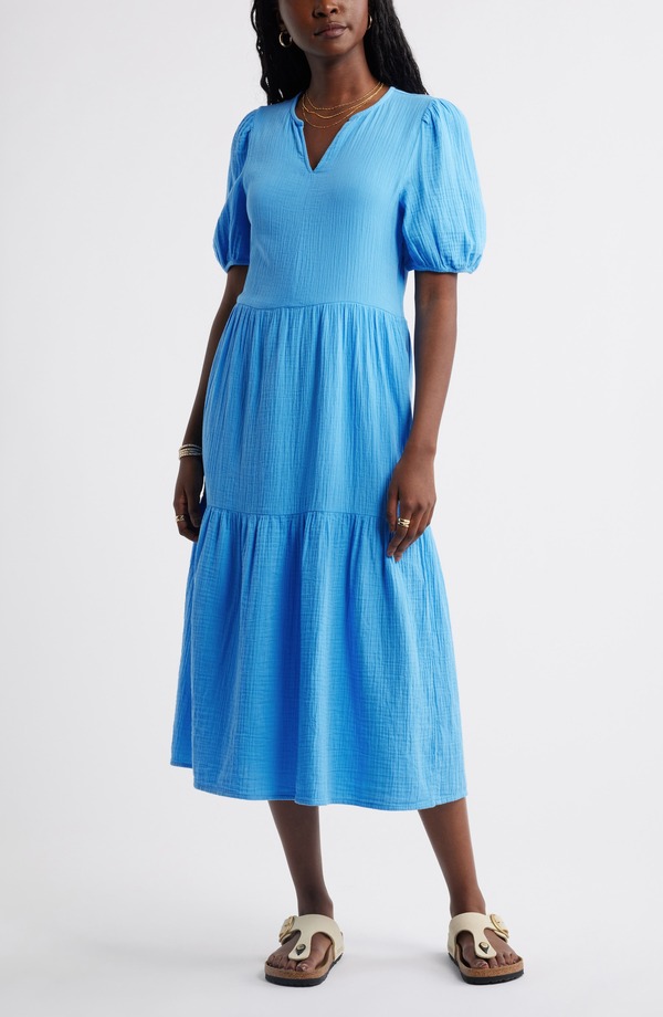 キャスロン レディース トップス ワンピース ティアード ミディ コットン Caslon Puff Sleeve Tie red Cotton Gauze Midi Dress BLUE MAYA ブルー|ReVida 店