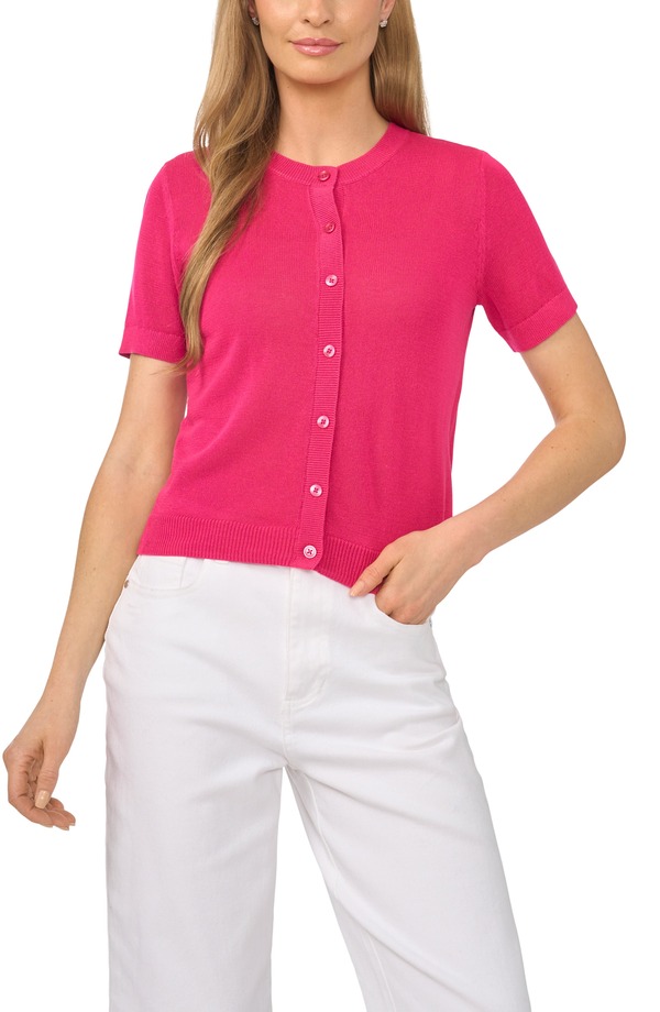 ハロゲン レディース アウター パーカー・スウェット セーター Halogen Short Sleeve Button-Up Sweater PINK PEACOCK ピンク｜ReVida 店