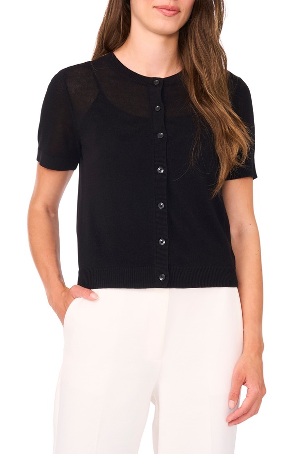 ハロゲン レディース アウター パーカー・スウェット セーター Halogen Short Sleeve Button-Up SweaterICH BLACK ブラック｜ReVida 店