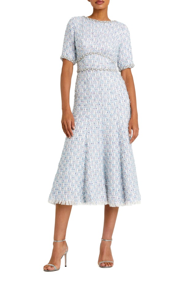 マックダガル レディース トップス ワンピース ミディ Mac Duggal Short Sleeve Beaded Trim Boucle Midi Dress BLUE MULTI ブルー｜ReVida 店