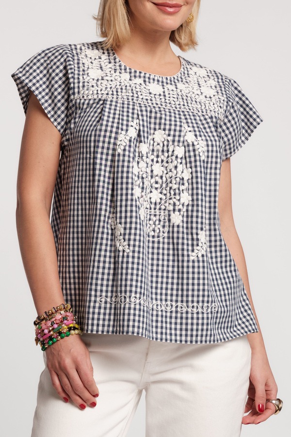 フランセスバレンタイン レディース トップス シャツ ギンガムチェック ギンガム Frances Valentine Camila Top Gingham Navy/Oyster ネイビー｜ReVida 店