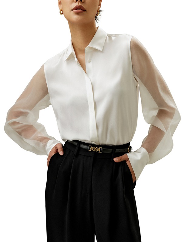 リリーシルク レディース トップス シャツ シアー Lilysilk Women's Ethereal Crisp Sheer Sleevesilk Shirt Natural White ホワイト|ReVida 店