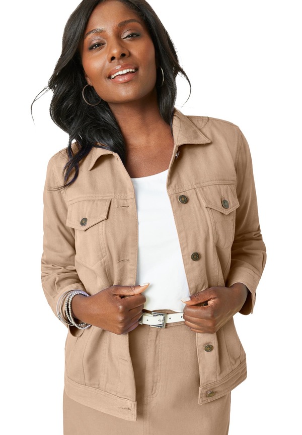 ジェシカロンドン レディース ボトムス デニムパンツ プラスサイズ コットン ジャケット Jessica London Classicotton Denim Jacket (Plus Regular) NEW KHAKI カーキ｜ReVida 店