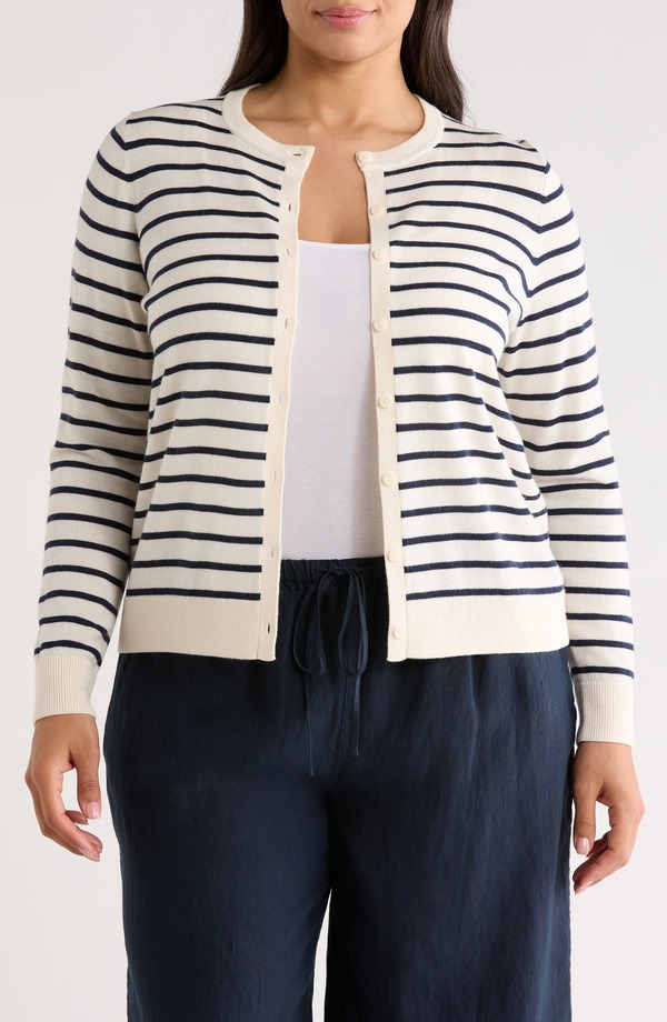 キャスロン レディース アウター パーカー・スウェット クルーネック プラスサイズ ウール カーディガン Caslon Merino Wool Blend Crewneck Cardigan (Plus) IVORY- NAVY JOSEPHINE STRIPE アイボリー|ReVida 店